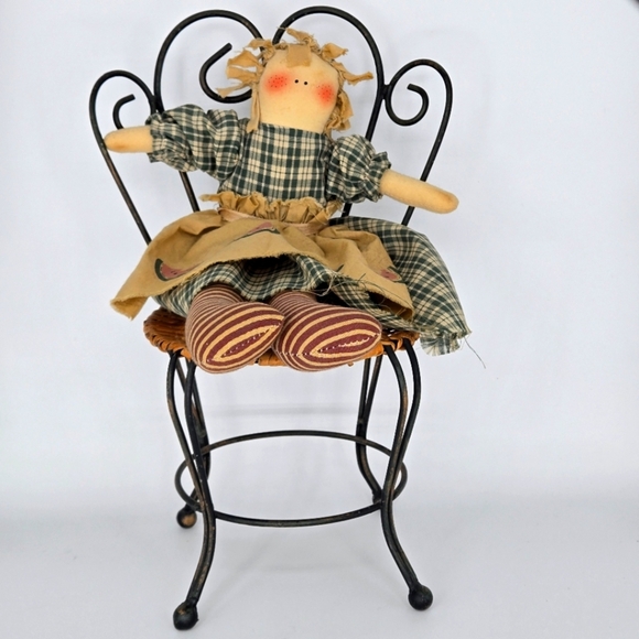 Handmade 11" Primitive Folk Art Cloth Rag Doll Country Farmhouse Decor on Chair - Picture 1 of 11